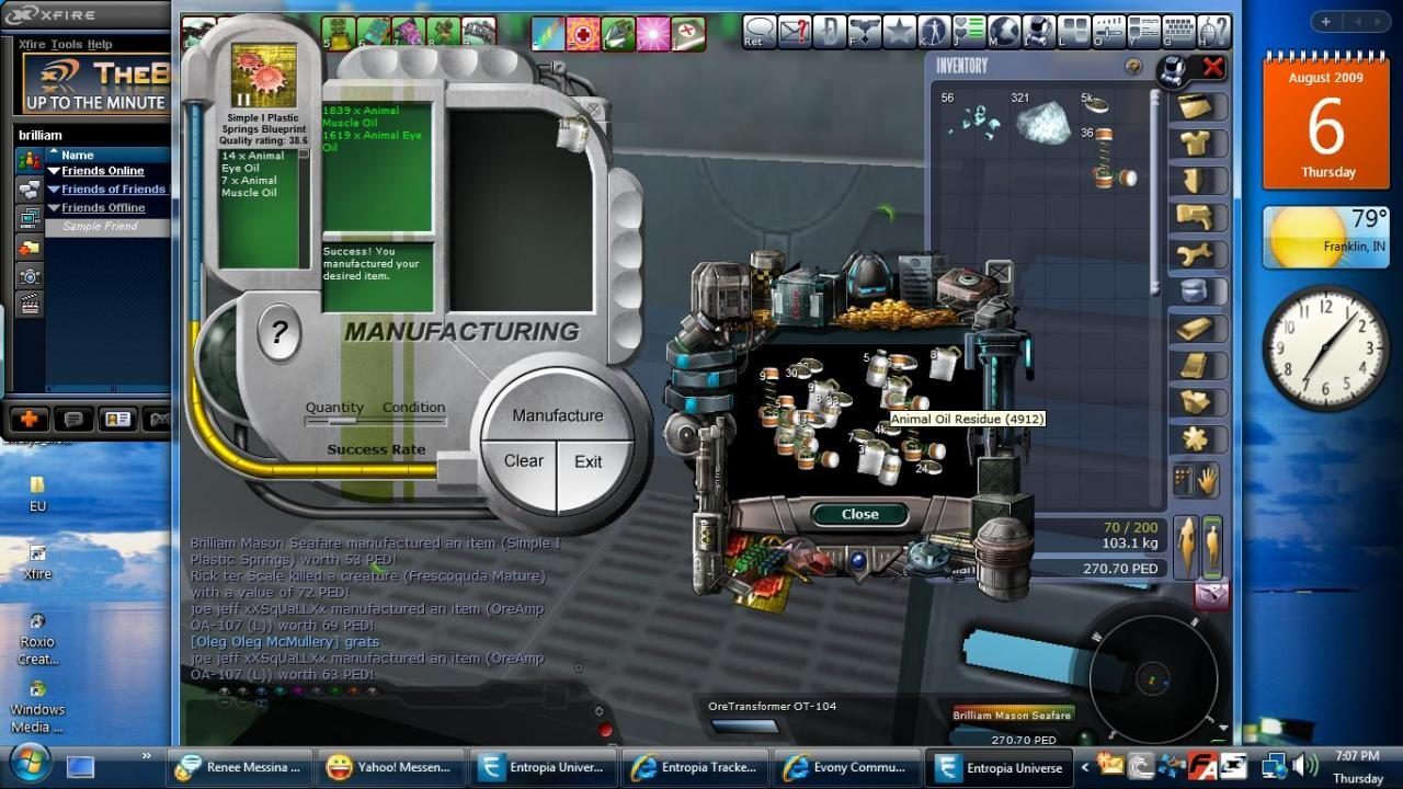 Screenshot of the Entropia Universe manufacturing interface showing resources and an inventory list.