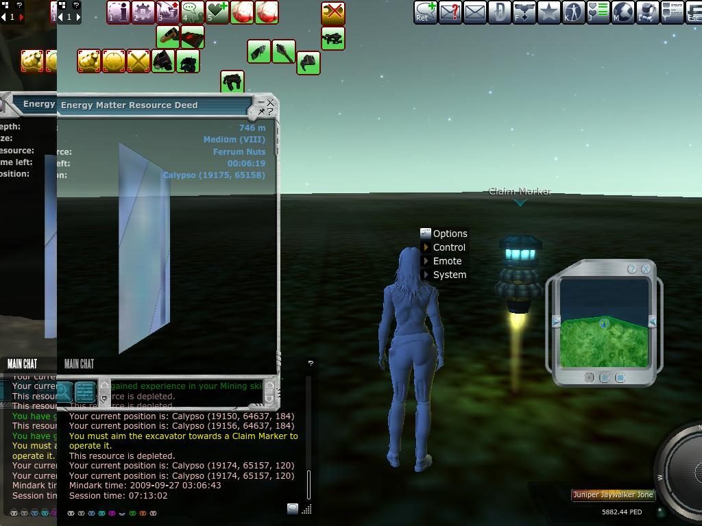 A character in a blue outfit stands near a glowing Claim Marker on Calypso. The UI shows an Energy Matter Resource Deed with details about the resource and location. The sky has a gradient from light to dark, indicating a serene environment.