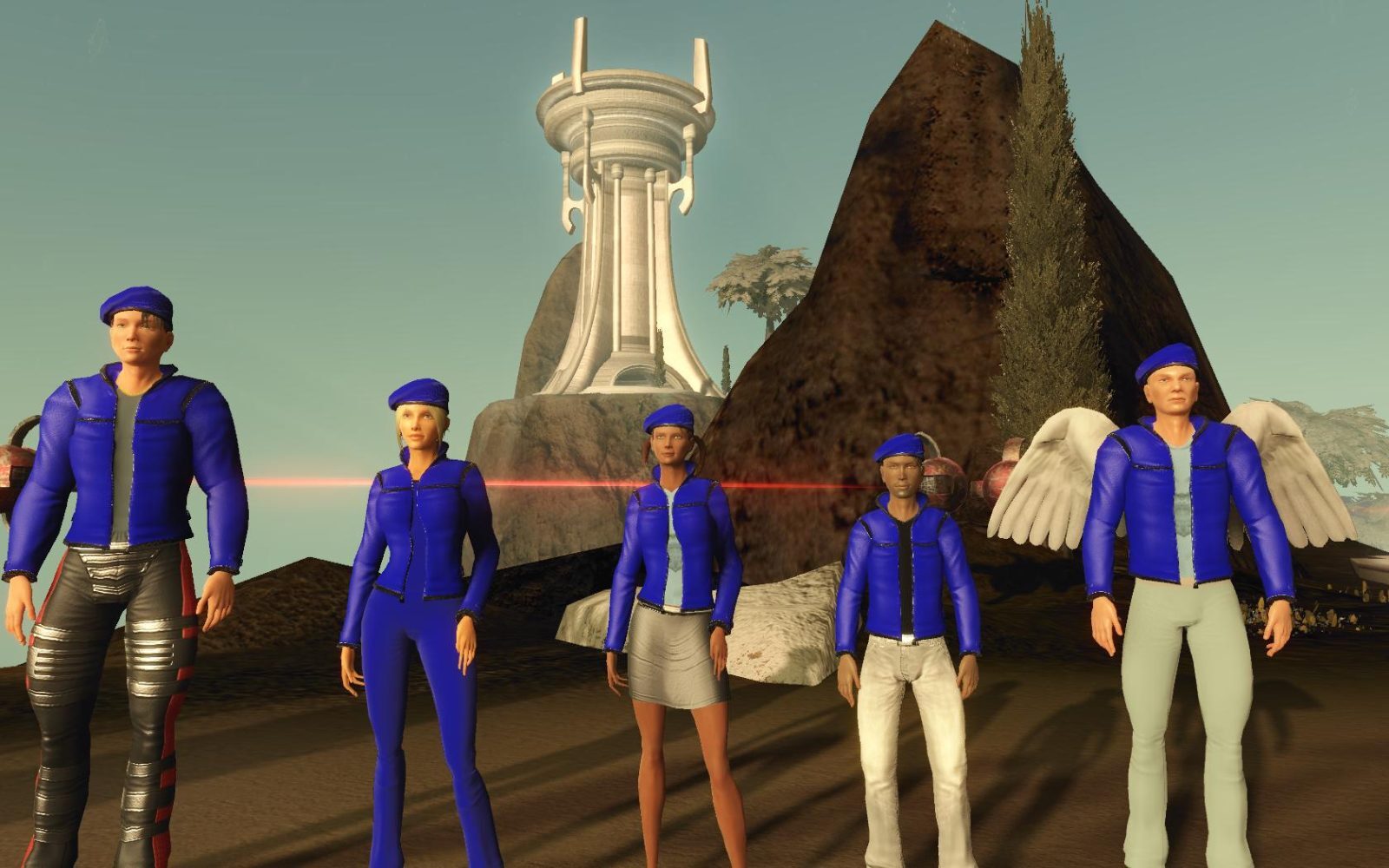 Five avatars in blue jackets and hats stand on rocky terrain with a futuristic structure in the background.
