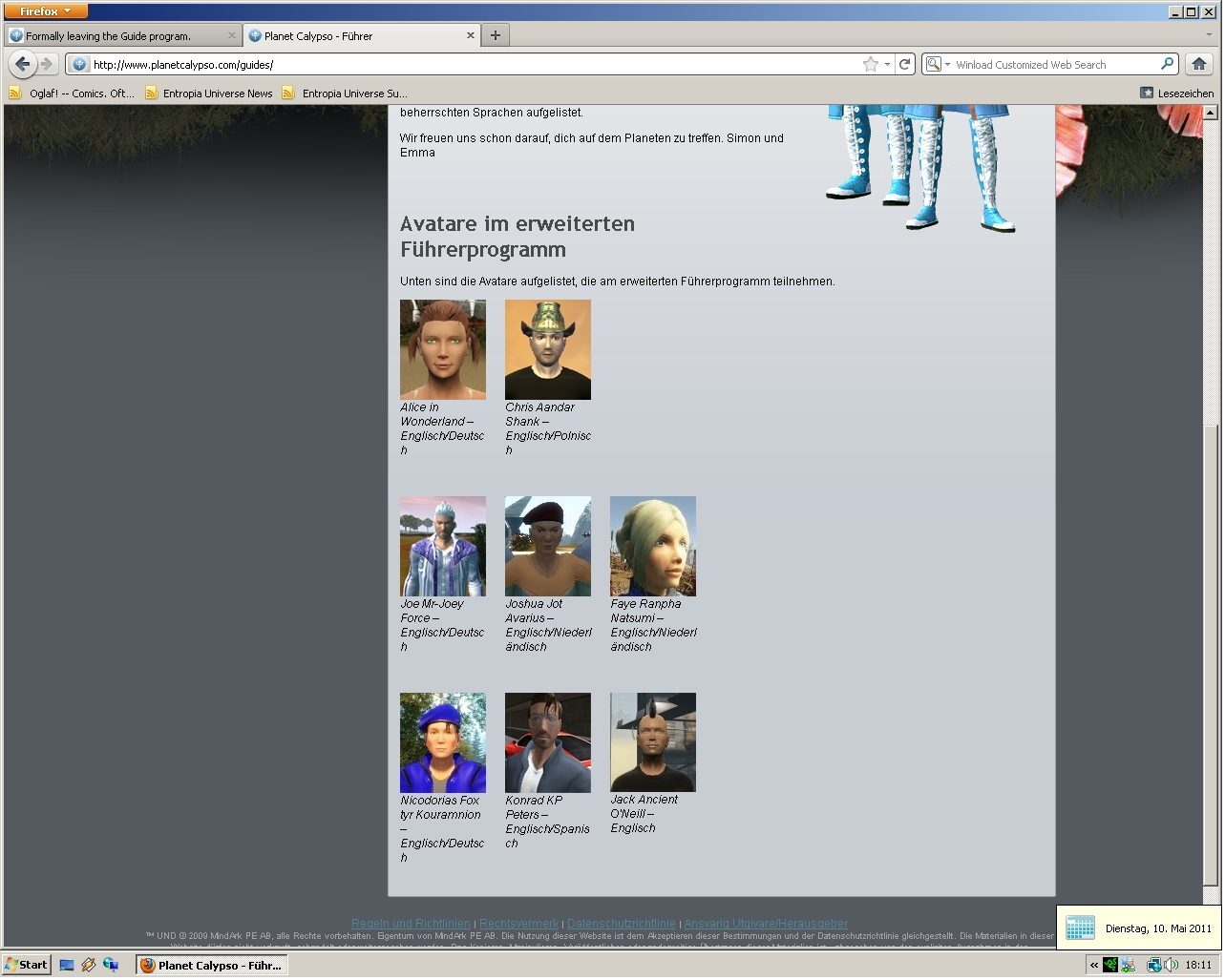User interface displaying avatars in the expanded guide program, featuring names and language options.