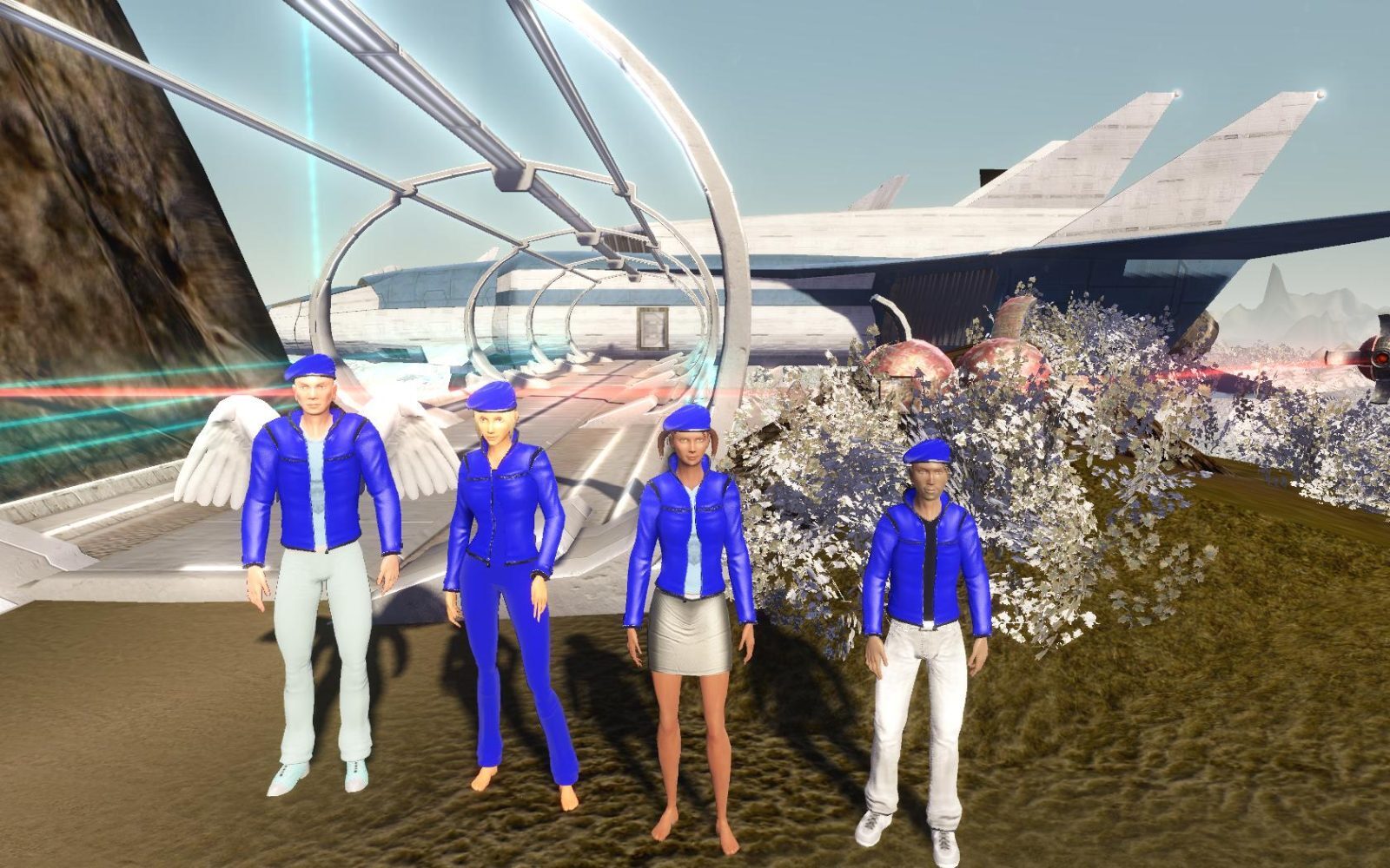 Four avatars in blue outfits stand on a sandy area with a futuristic structure and a ship in the background.