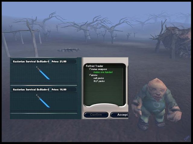 A trader character stands in a foggy landscape with leafless trees, displaying a UI for weapon sales.