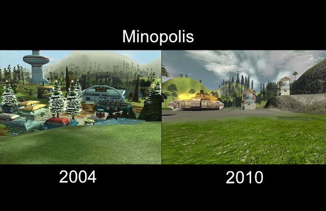 A comparison of Minopolis in 2004 and 2010, showing changes in landscape and architecture.