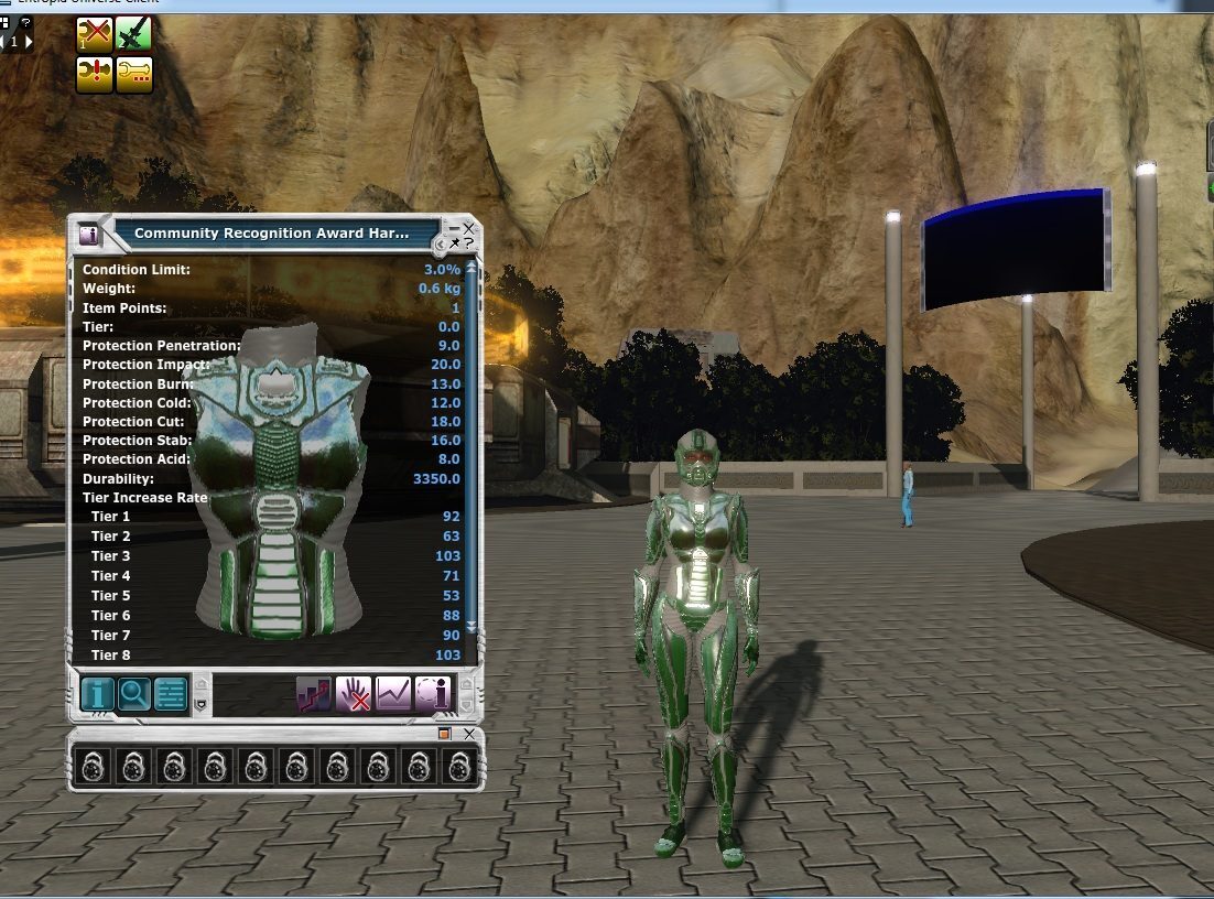 A character in a green and silver harness stands on a stone plaza with a mountainous backdrop and a digital screen. Another avatar is seen in the distance.