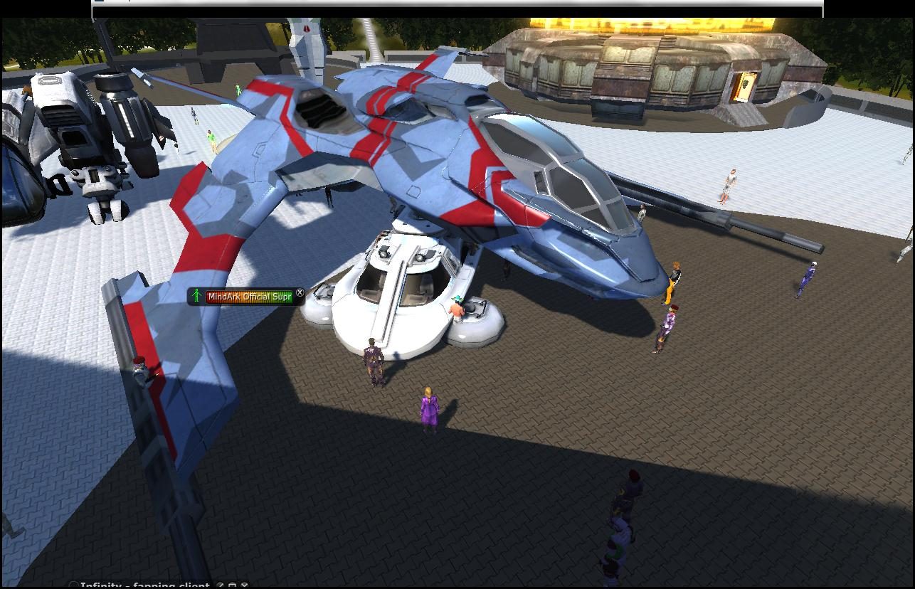 A large blue and red spacecraft is displayed above a smaller vehicle, surrounded by avatars in a well-lit area.