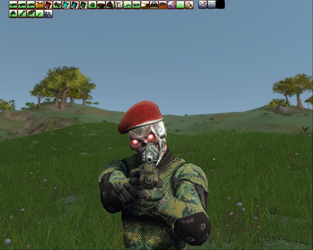 A character with a skull face and red eyes holds a handgun in a grassy area, wearing a red beret and patterned clothing, with hills and trees in the background.