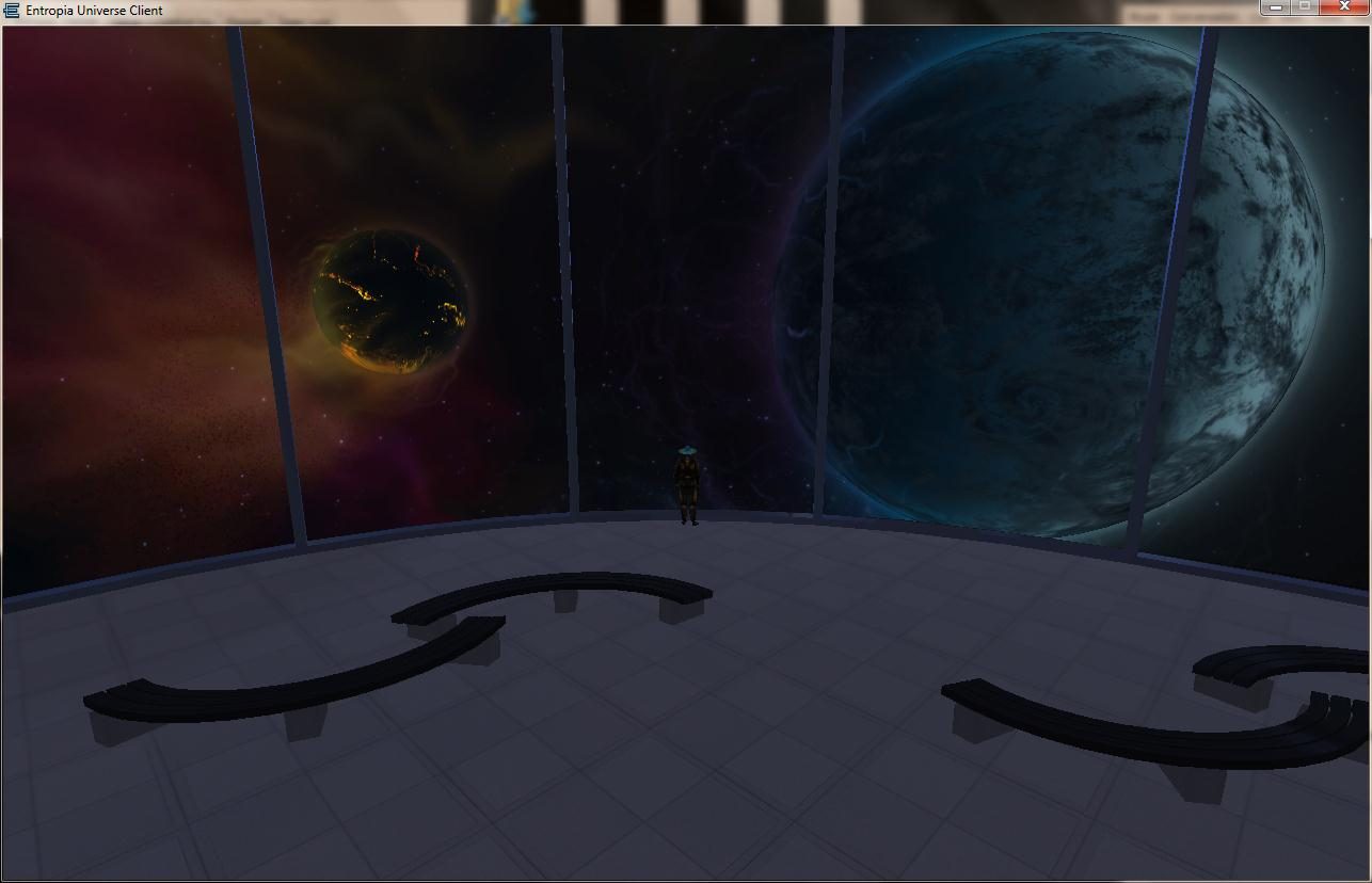 A futuristic observation deck with large windows showing two planets in space. An avatar stands in the center, with curved benches visible in the foreground.