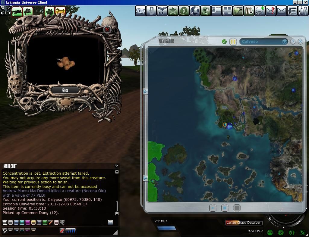 Screenshot from Entropia Universe showing a failed extraction attempt from a creature, with a detailed UI and map of Calypso.