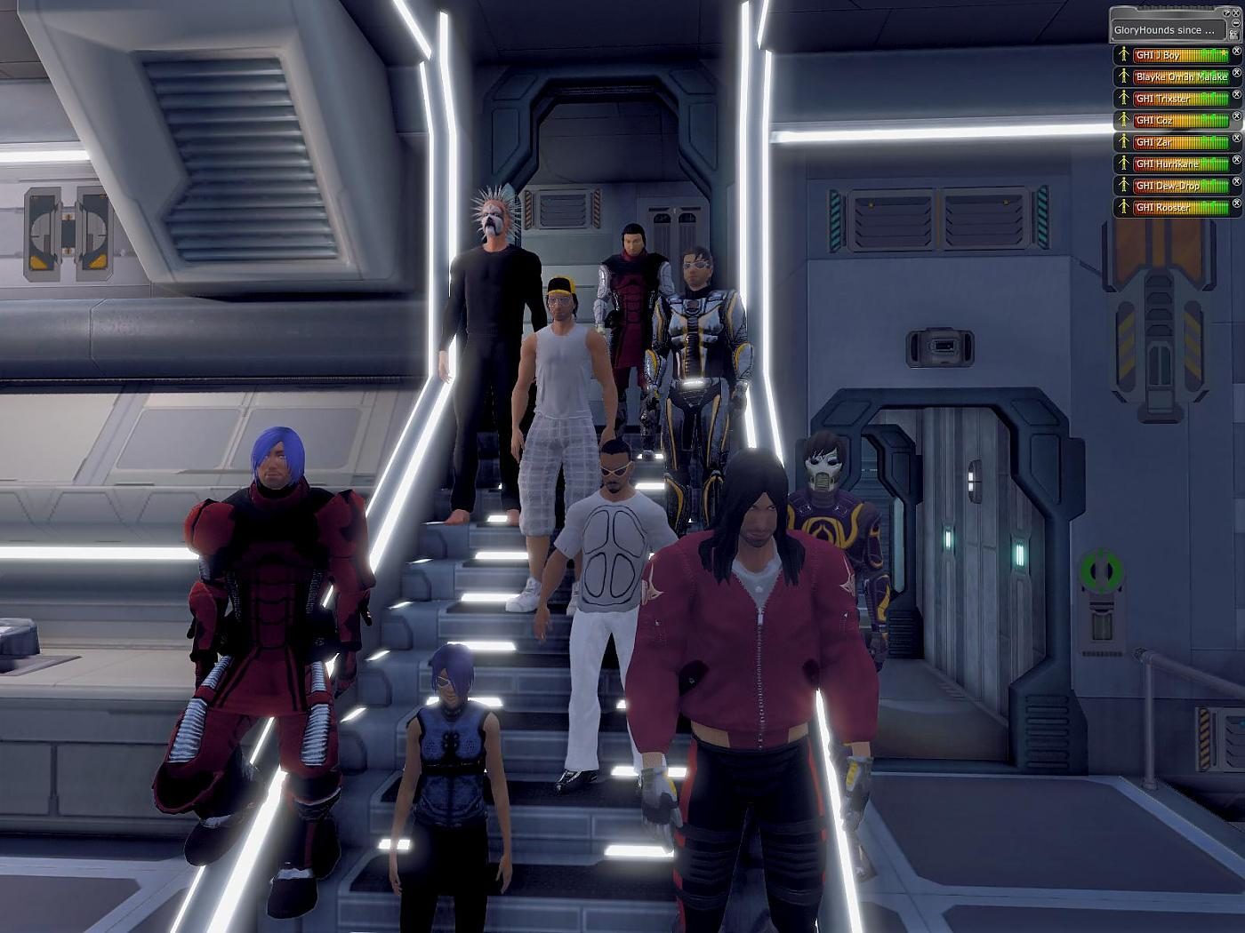 A group of avatars on a staircase in a futuristic setting, showcasing diverse outfits and hairstyles.