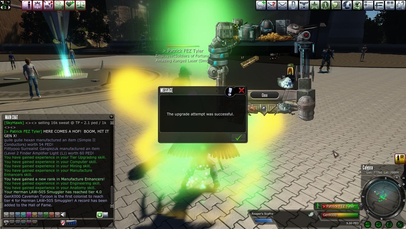 In a plaza, a notification shows 'The upgrade attempt was successful.' A player named Patrick FEZ Tyler stands near a machine displaying items. Bright lighting and multiple avatars are visible.