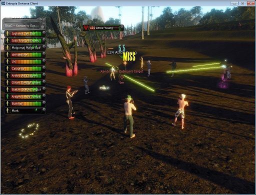 A combat scene in a grassy area with avatars using laser weapons. One avatar is labeled 'L24 Xeno Young'. Bright laser beams are visible, and player names are displayed on the left side of the screen.