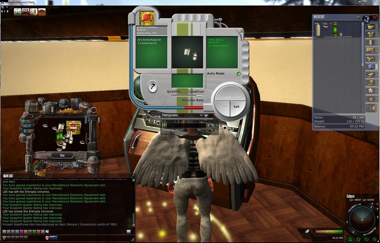 An avatar with feathered wings stands before a crafting machine in Entropia Universe, displaying a blueprint for Simple I Conductors. The interface shows required materials and a success rate. The environment has warm lighting and a wooden interior.