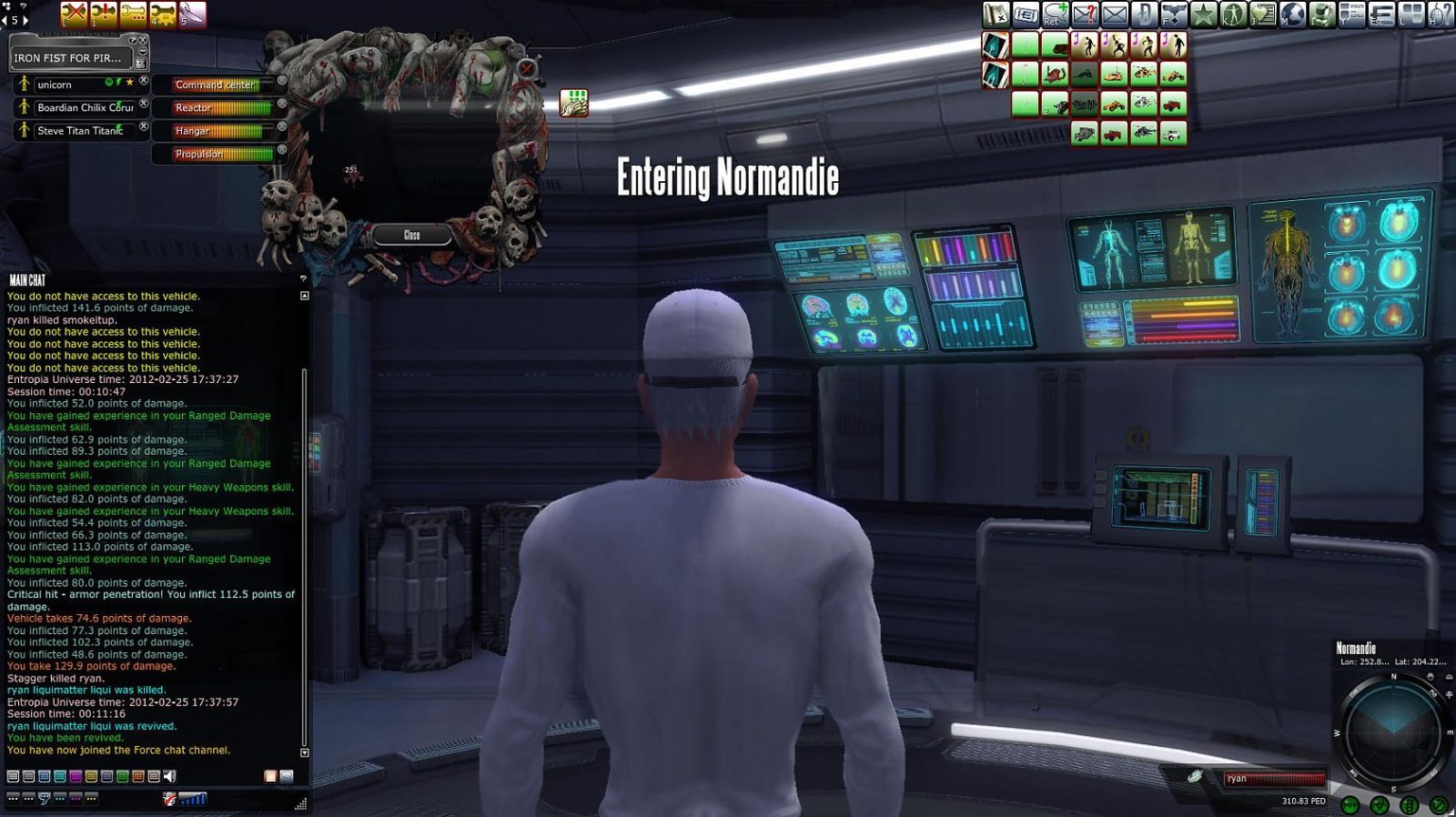 An avatar with white hair in a white outfit stands in a spacecraft. The control panel shows various graphics and readouts, and a chat log is visible on the left side.