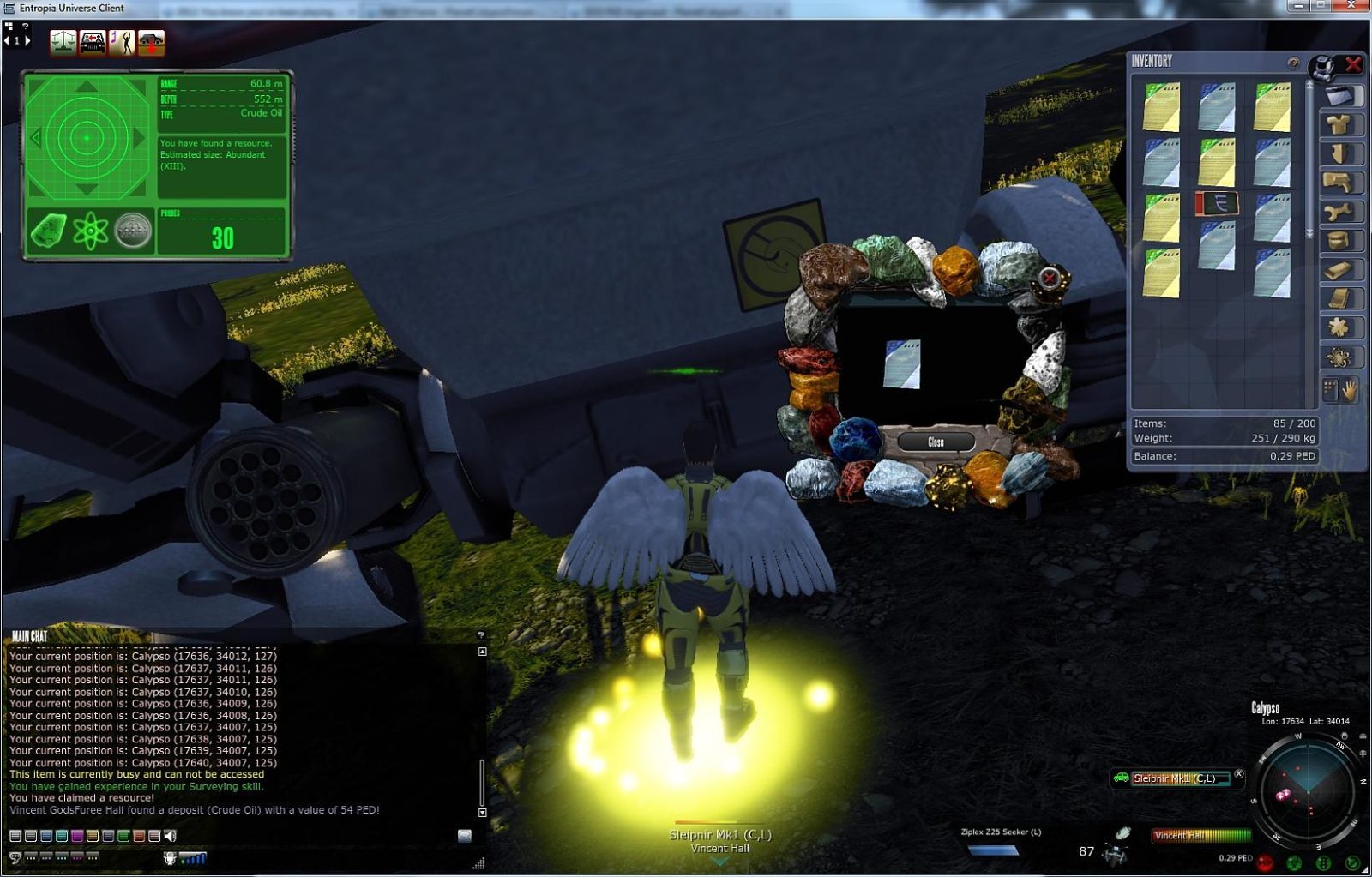 An avatar with wings stands on glowing ground near a crude oil deposit in a grassy area. The game's UI shows resource details and inventory items.
