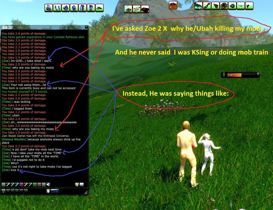 Two avatars in a grassy area with a mountain in the background, engaged in a chat. The chat window shows combat damage notifications and player dialogue about mob targeting.