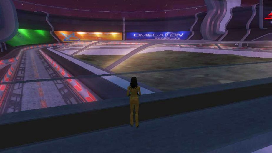 A player avatar in a yellow outfit stands on a ledge overlooking the Omegaton Securities facility in a futuristic environment.