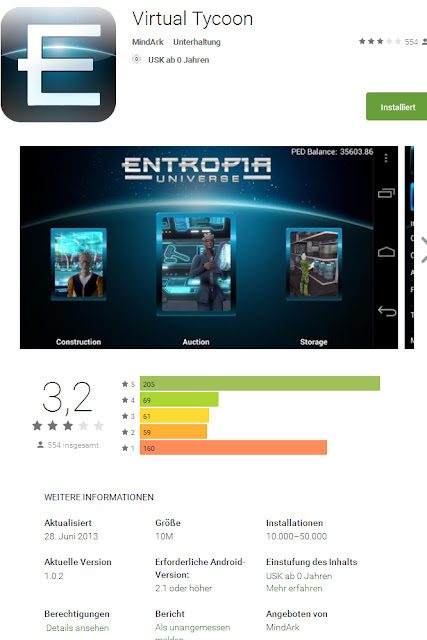 Screenshot of the Virtual Tycoon app interface for Entropia Universe, showing sections for Construction, Auction, and Storage.