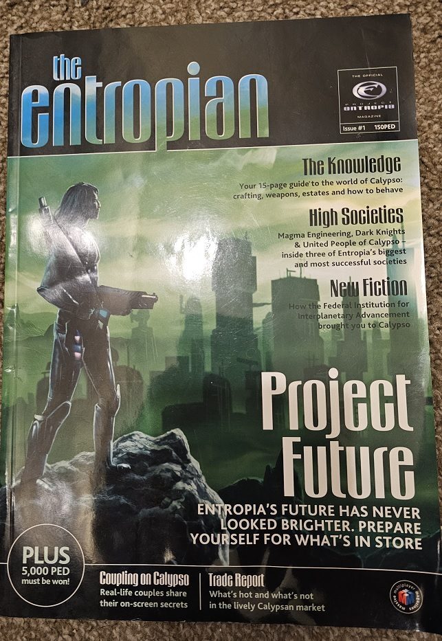 Cover of 'The Entropian' magazine with a character and text about Calypso.