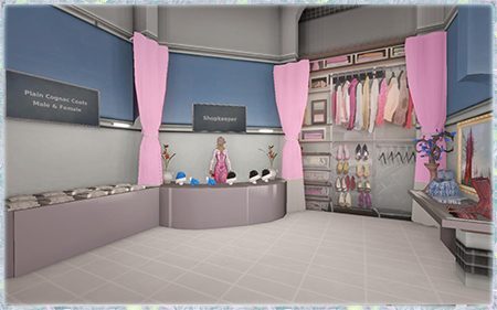 Interior of a boutique shop in Entropia Universe, featuring a shopkeeper, clothing displays, and pink curtains.