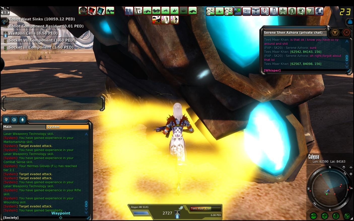 A player character with white hair and armor stands beside a large mechanical structure with blue lights, surrounded by a yellow glow.