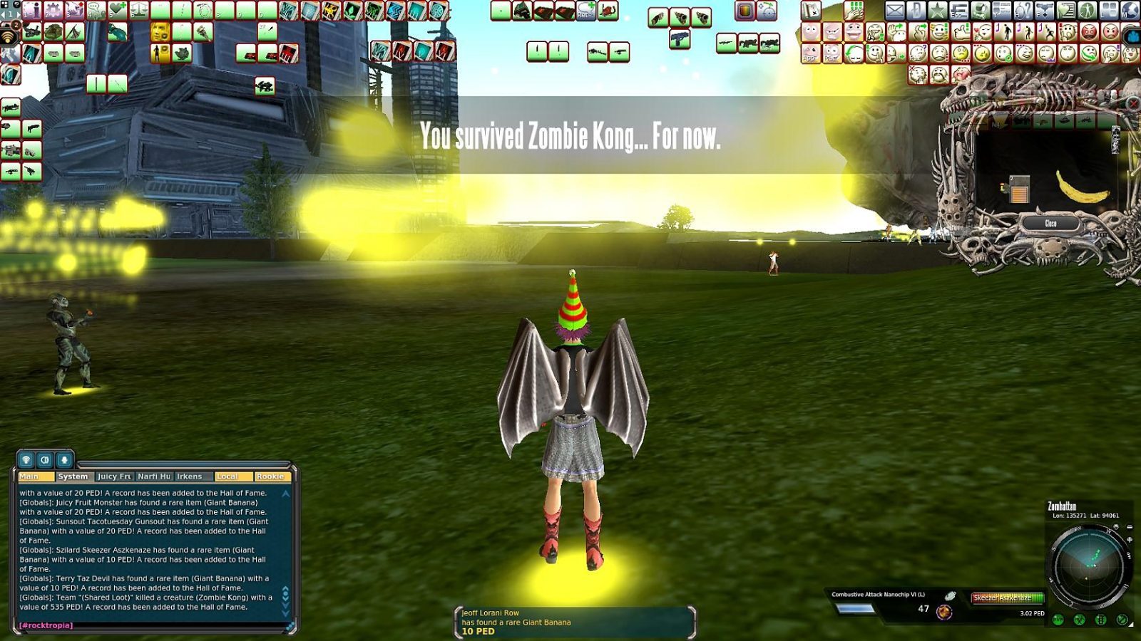 A player with wings and a party hat stands in a grassy area, celebrating survival in a game event, with notifications on the screen.