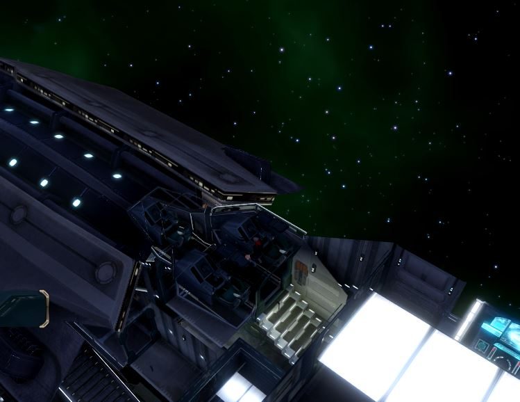 A cockpit of a spacecraft with control panels, seats, and a figure at the controls, set against a starry sky with green nebula.