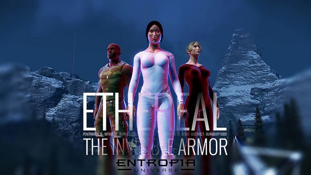 Three avatars showcasing Ethereal Armor in a snowy mountainous environment, with UI details visible.