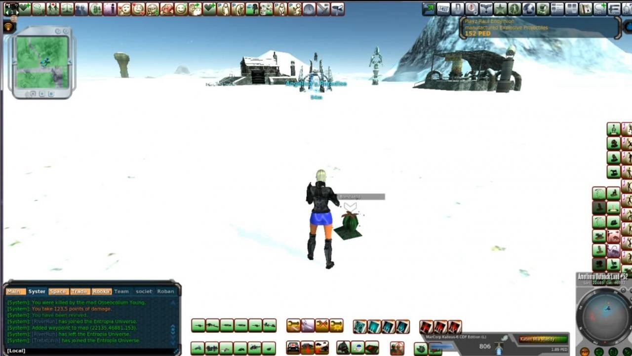 A character in a black jacket and colorful shorts stands in a snowy landscape with distant mountains and structures. A small green object labeled 'Bombardo' is nearby. The user interface shows icons and a map.