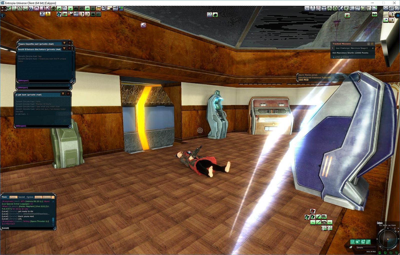 A character is lying on the floor of a futuristic room with machines and chat windows displayed.