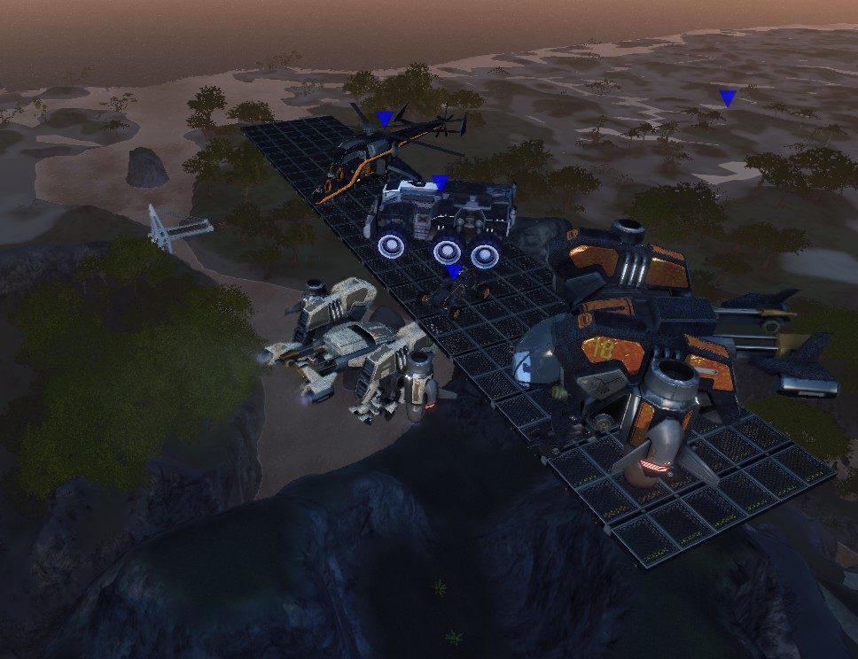 A futuristic platform with a helicopter and two spacecraft, set above a rocky landscape with sparse trees, under a soft ambient light.