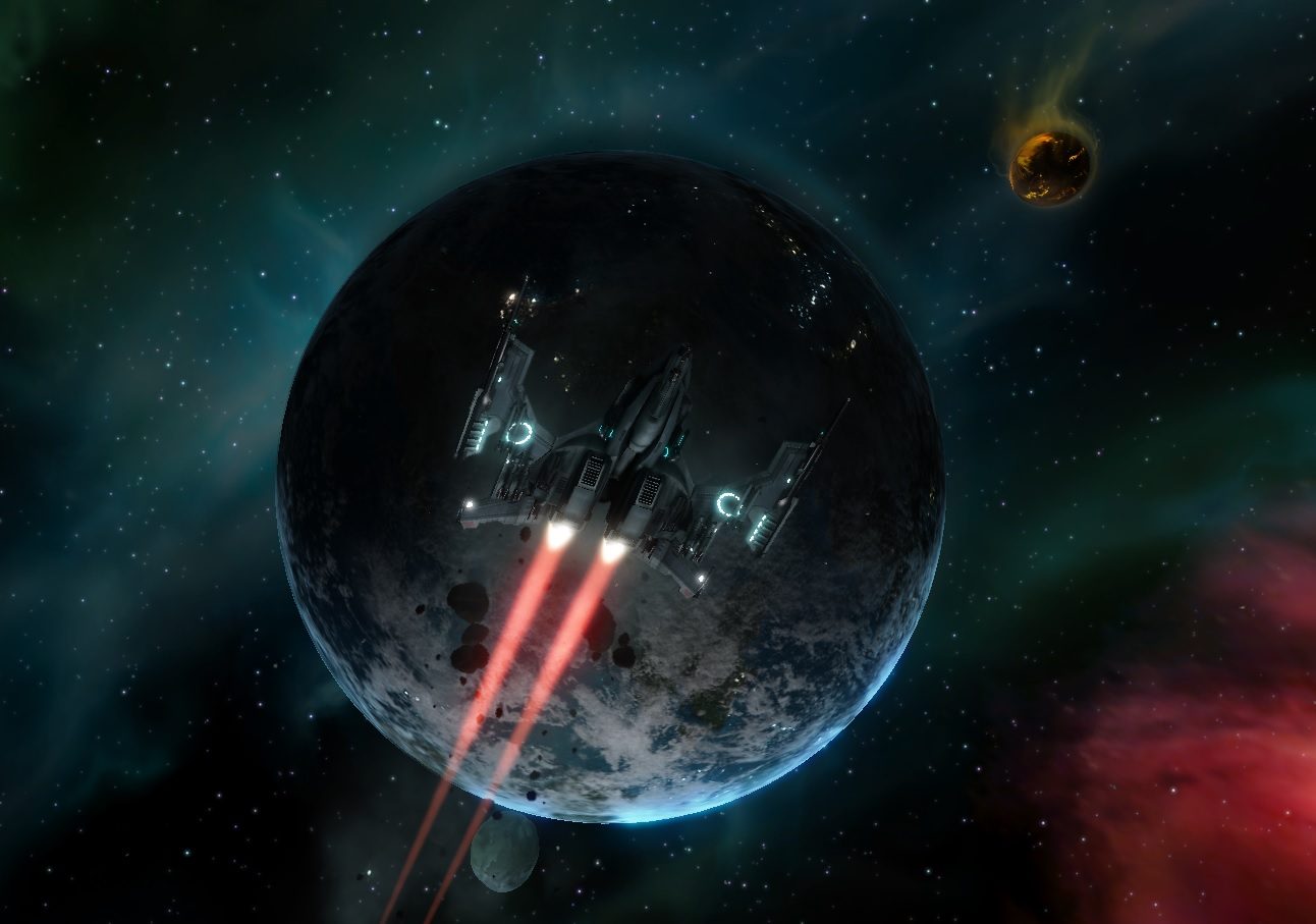 A spaceship with red thrusters flying above a large rocky planet in space, surrounded by smaller celestial bodies and a colorful nebula.