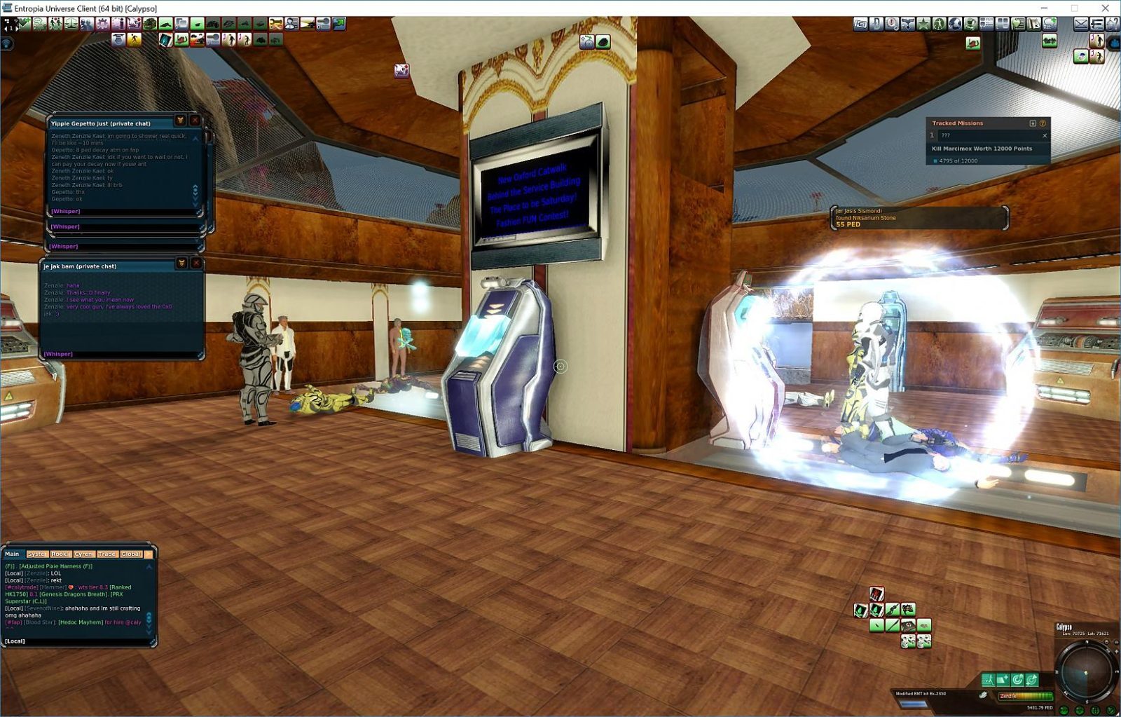 An indoor scene in Entropia Universe with players, chat windows, and terminals.