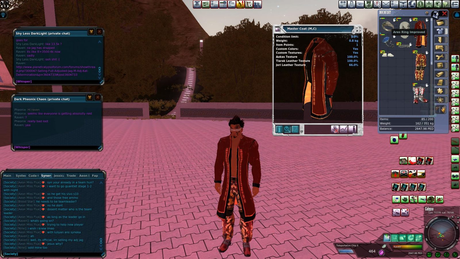 An avatar in a red Master Coat stands on a pink ground with a chat interface and inventory displayed.