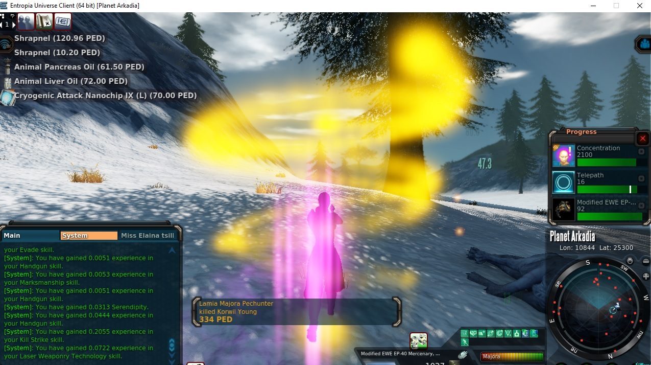 A player character with glowing effects in a snowy environment, surrounded by game interface elements.