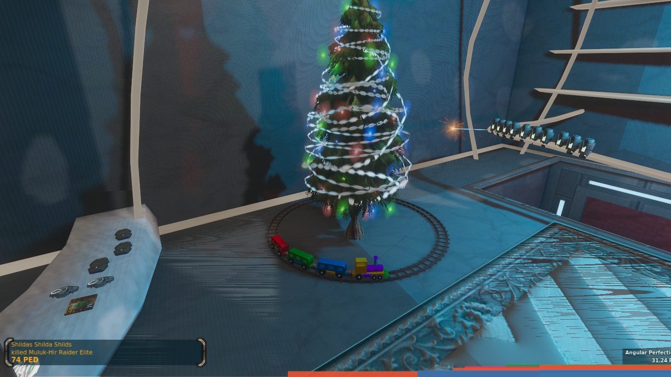 A Christmas tree with lights and a toy train on a circular track in a futuristic setting.
