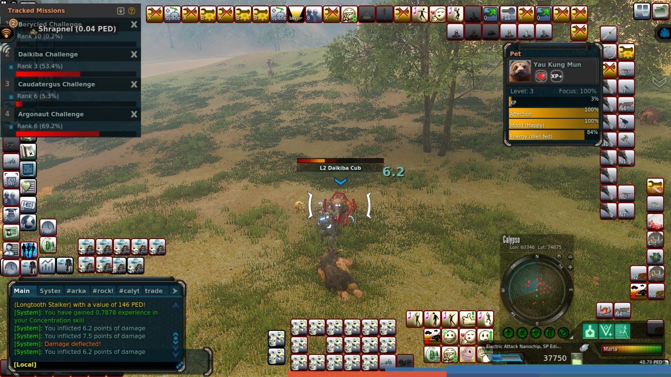 In-game screenshot from Entropia Universe featuring a player fighting a L2 Daikiba Cub with mission trackers and player stats visible.