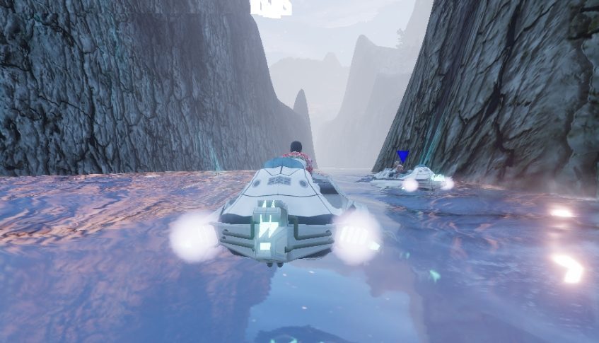 A player in a hovercraft navigates a narrow canyon with steep rocky cliffs and shimmering water.