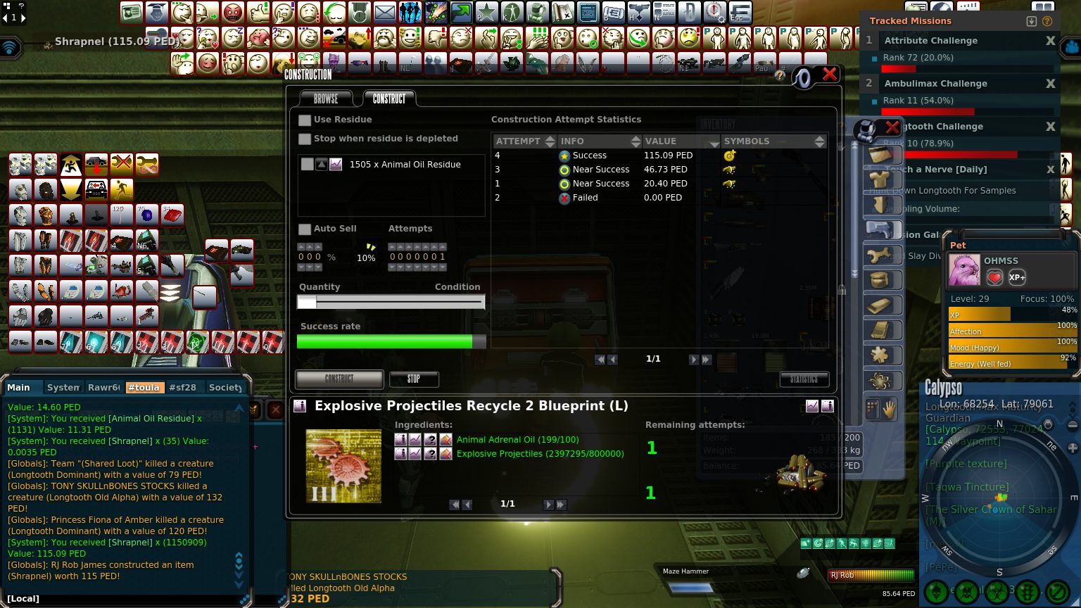 Crafting interface showing Explosive Projectiles Recycle 2 Blueprint with ingredients and success rate.