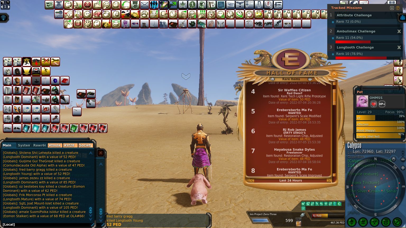 An avatar in a sandy landscape stands in front of a Hall of Fame display, with a pet behind them. The UI shows a list of rare items and global messages about creature kills, with a tall structure in the background.