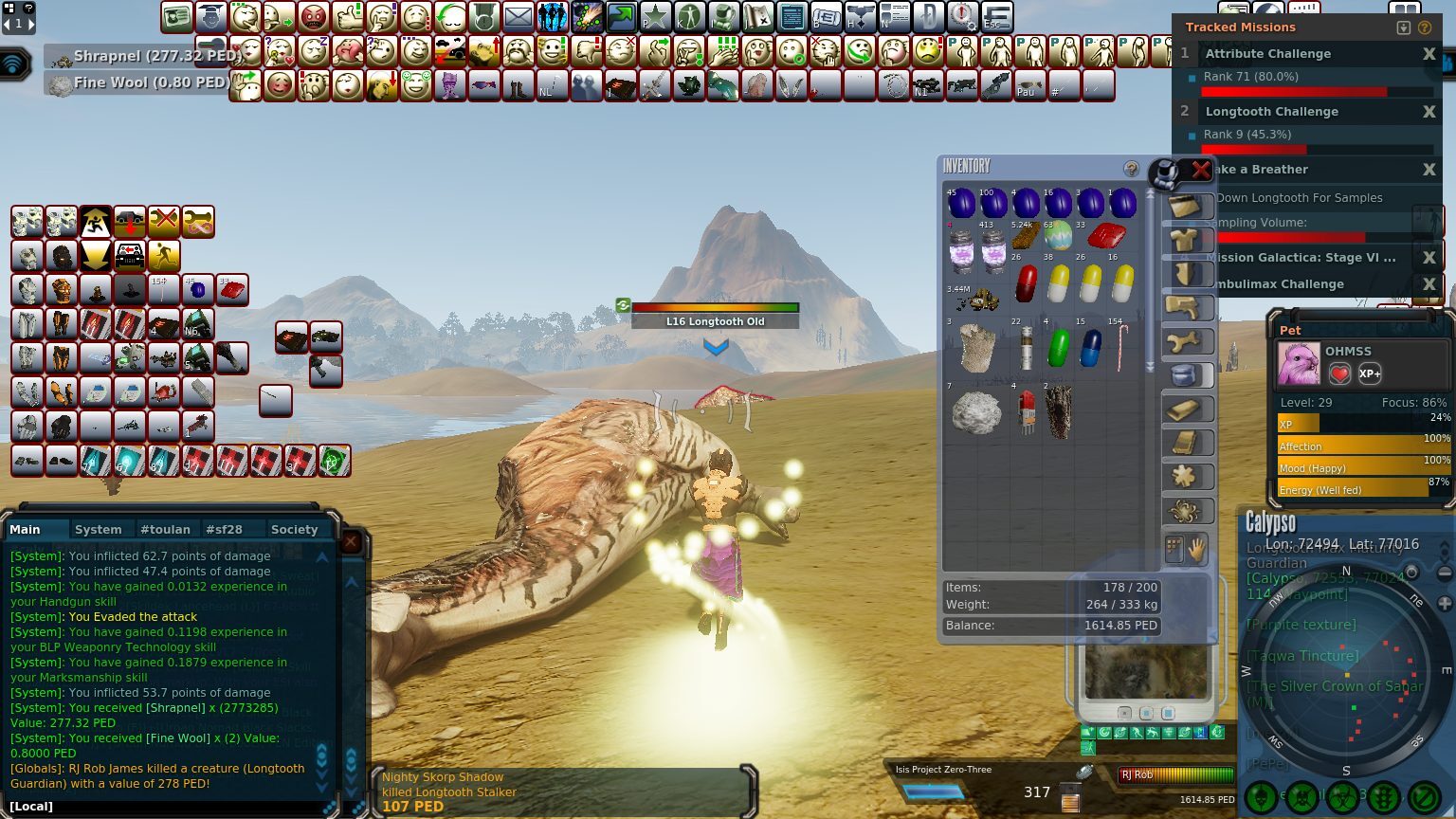 A player stands over a defeated Longtooth Old creature on sandy terrain by water, with mountains in the background. The player's inventory is displayed on the right, showing various items and mission details.