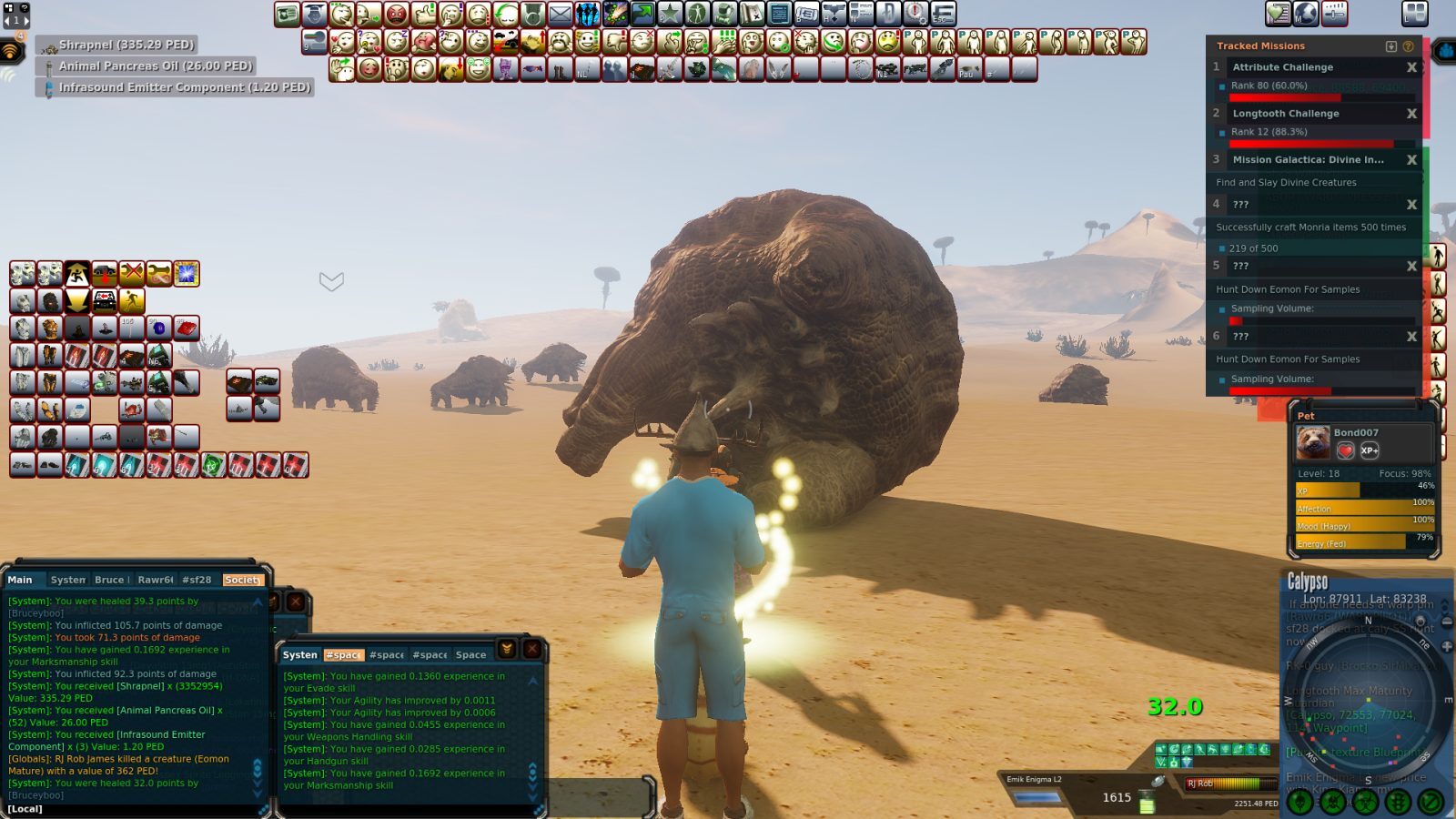 A player in a blue outfit stands in a desert, facing a large Eomon creature, with other Eomons in the background. The UI displays inventory items and mission details.
