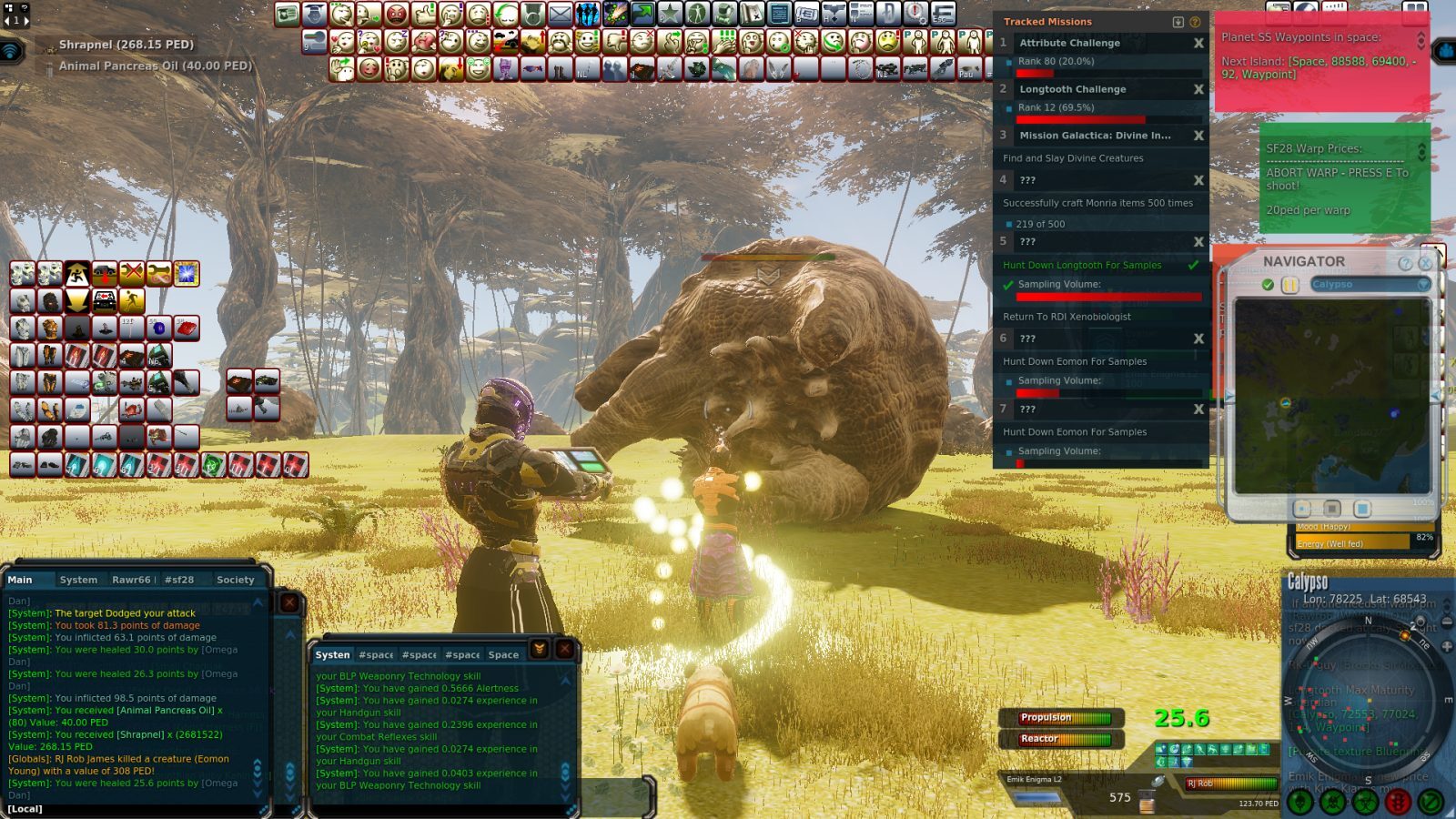 A player in purple and yellow armor aims a device at a large defeated Longtooth creature in a grassy area with tall trees. The UI shows mission objectives, inventory, and a map.