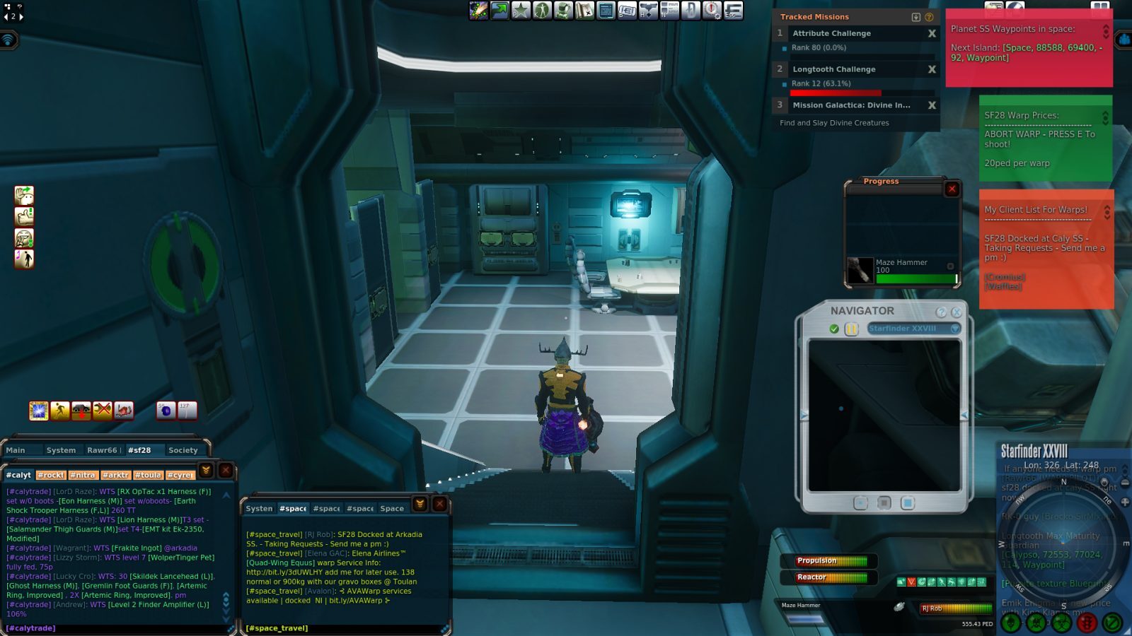 A player avatar with a Maze Hammer stands in a futuristic corridor, looking into a brightly lit room. The user interface shows mission details, warp prices, and navigation options, with a grid-patterned floor and metallic walls.