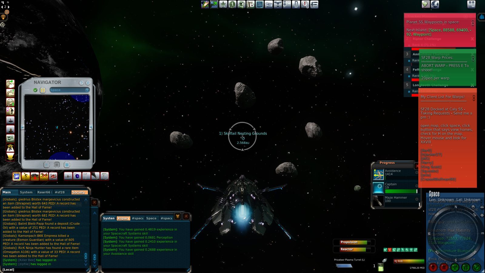 A spaceship with blue glowing engines navigating through an asteroid field in space, surrounded by rocks and displaying a detailed user interface with navigation options.