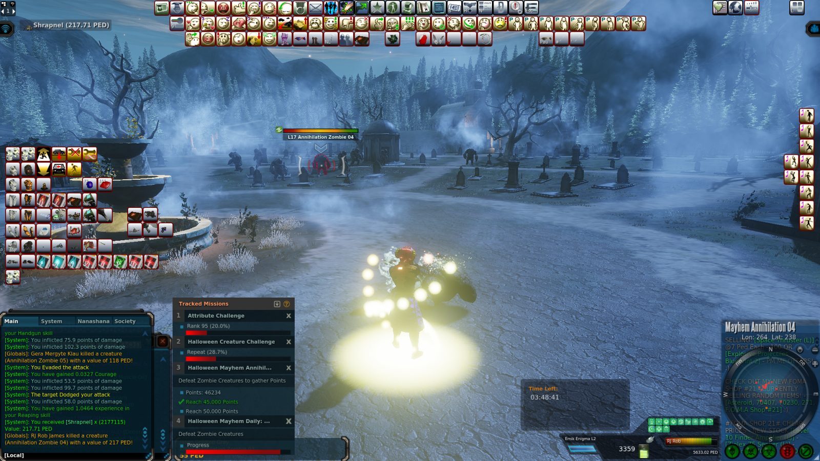 An avatar in a graveyard surrounded by zombies, with glowing orbs and a detailed UI showing mission information.