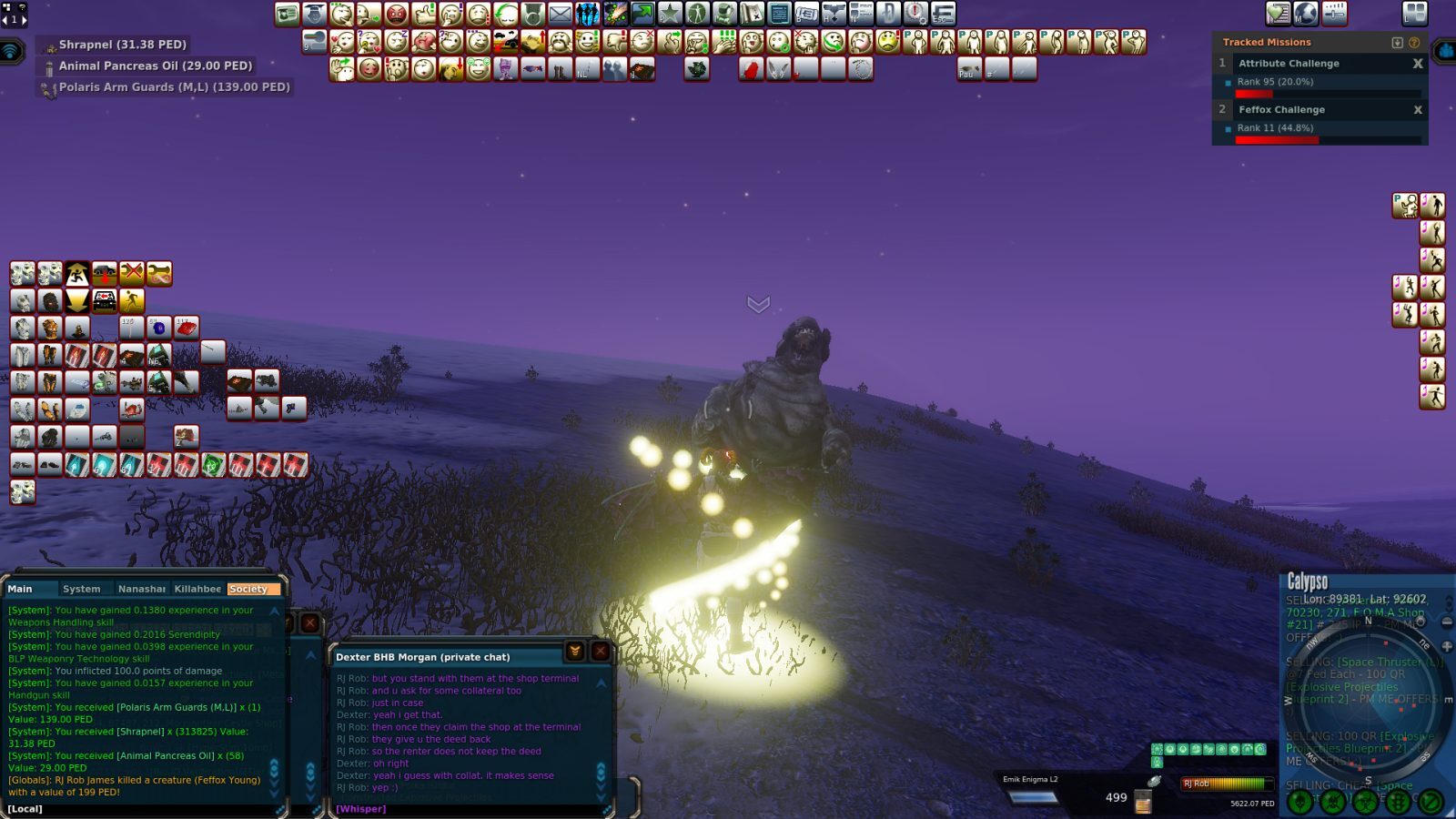 An avatar interacting with a Feffox creature in a twilight setting, with glowing particles around them. The user interface shows inventory items and mission details.