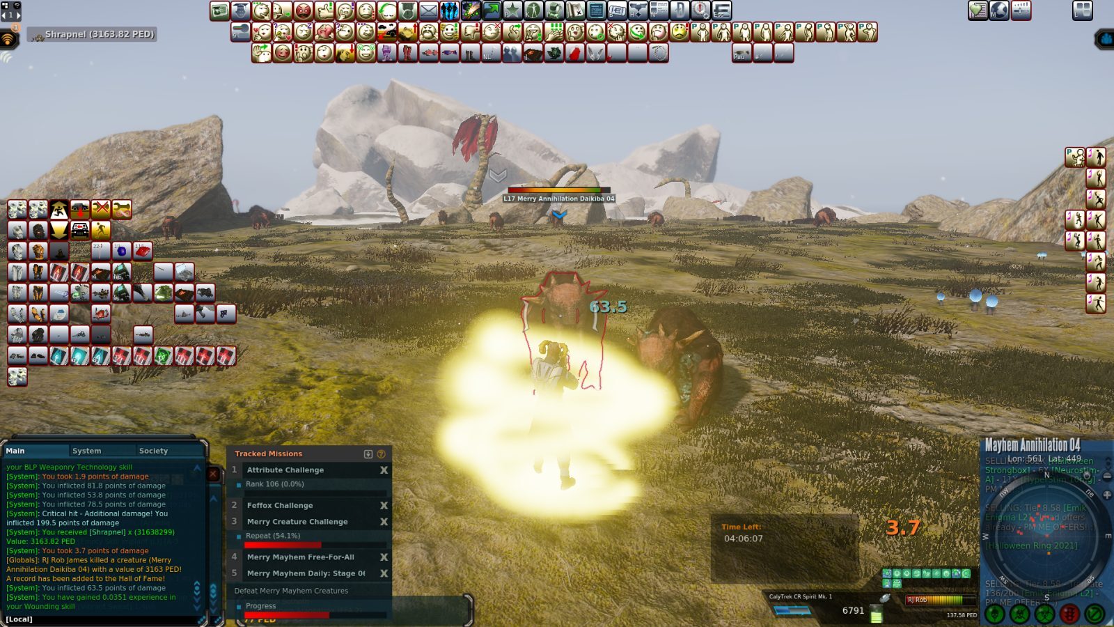 A player attacking a Merry Annihilation Dakiba in a grassy landscape with rocky formations. The player is emitting a glowing effect, with UI elements showing damage and mission details.