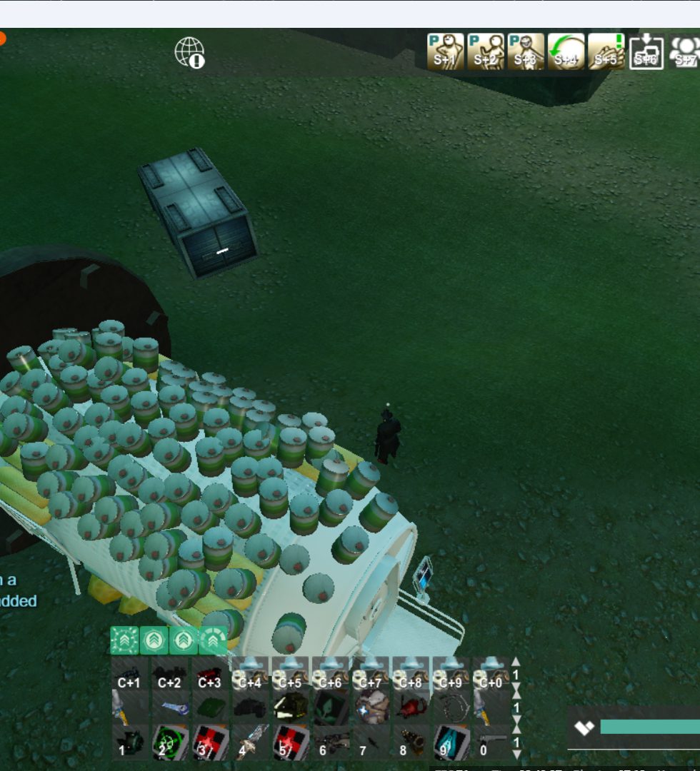 An overhead view of a cargo transporter covered in canisters on grassy terrain, with an avatar in dark clothing nearby and a visible user interface showing inventory items.