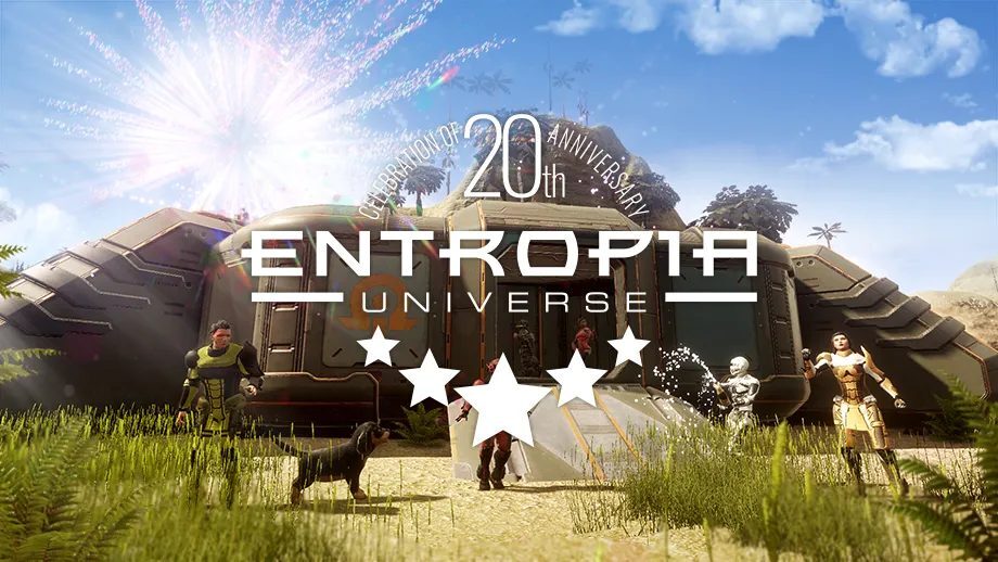 A group of avatars celebrating the 20th anniversary of Entropia Universe in front of a futuristic building, with fireworks in the sky and a dog nearby.