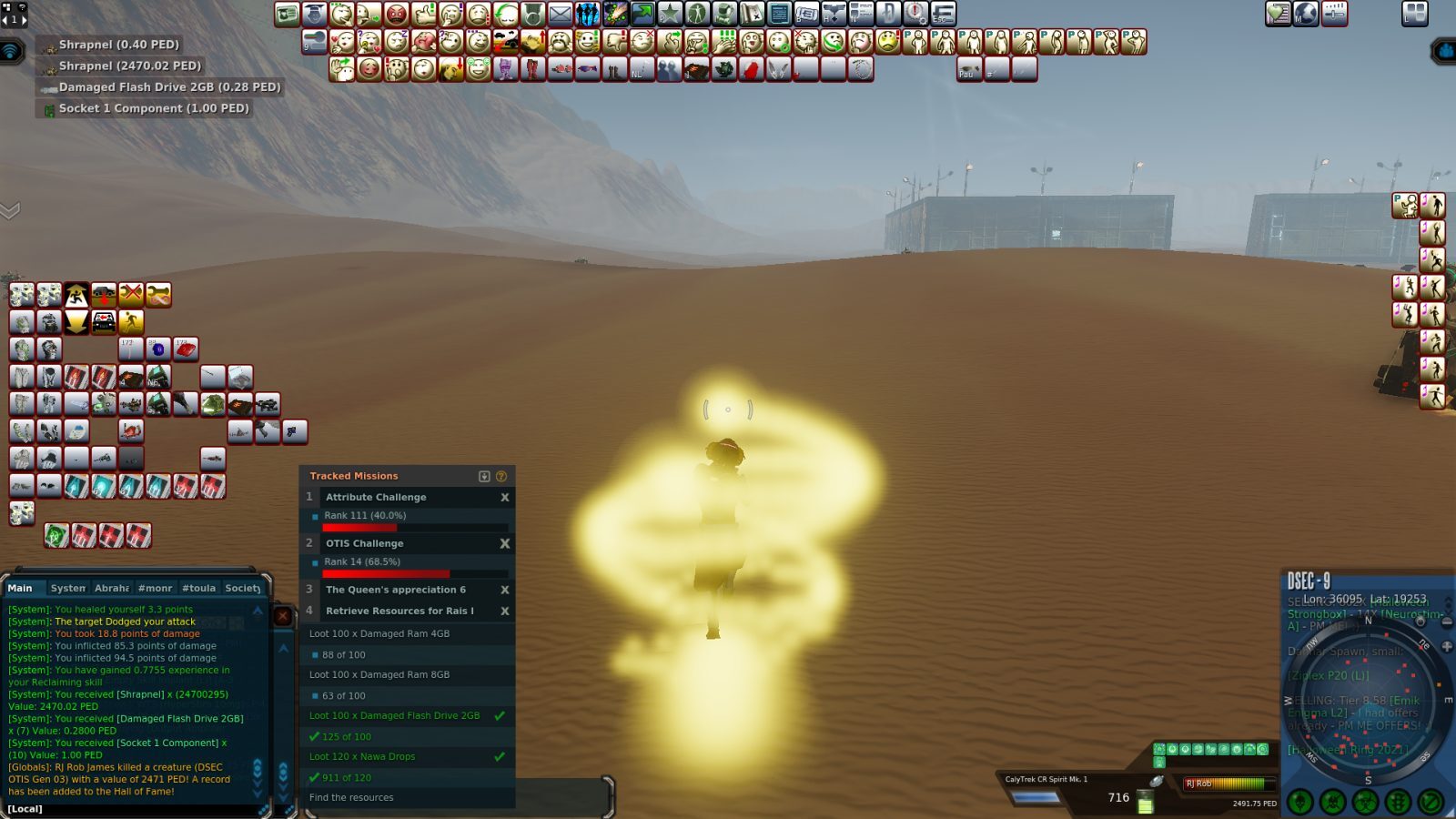 A character in a desert environment surrounded by a yellow swirling effect, with UI elements showing inventory items and mission details.